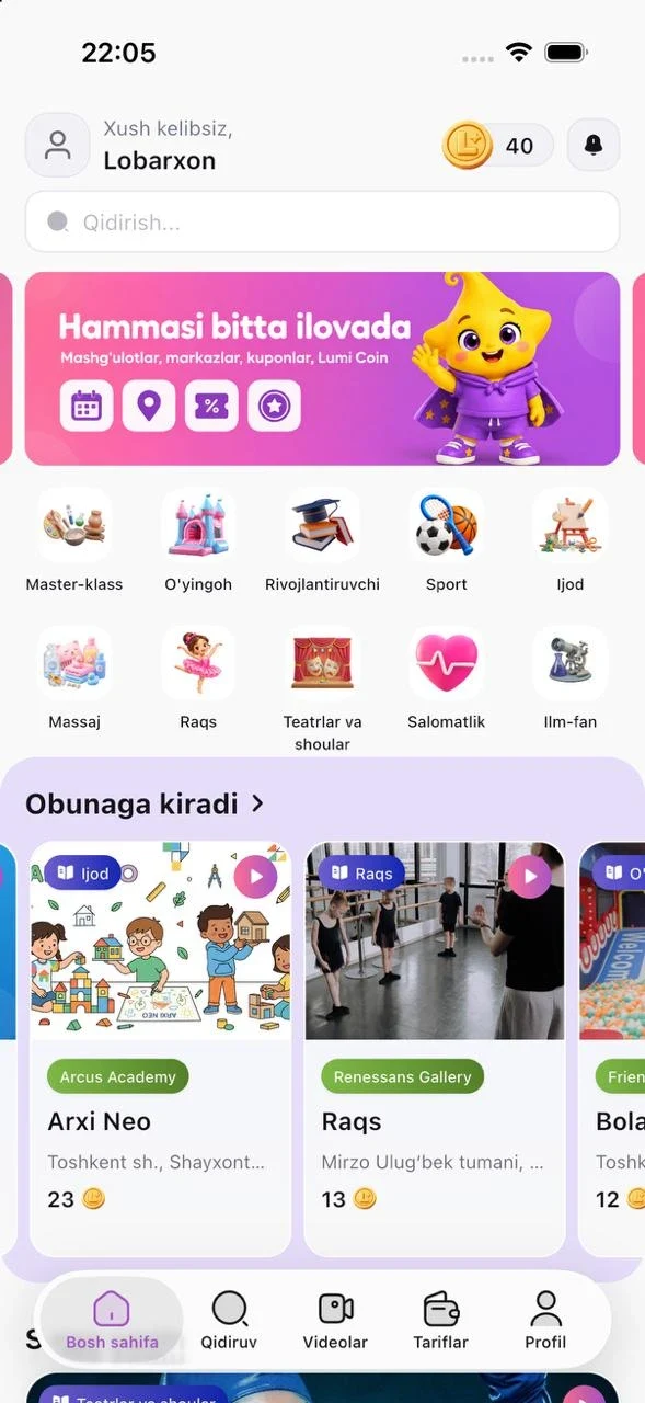 Lumi ilovasi bosh sahifasi: kategoriyalar, Lumi Coin balansi va obunaga kiradigan mashg'ulotlar