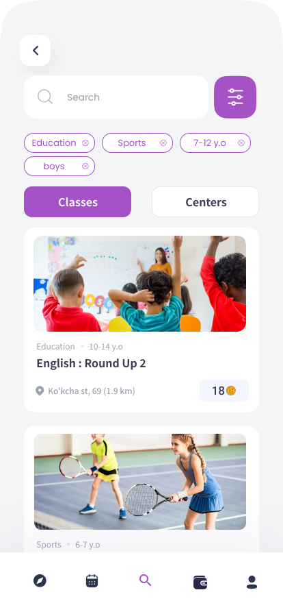 Activity selection screen